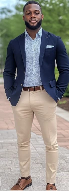 A young man standing outdoors in a navy blazer over a light patterned shirt, with a brown leather belt, khaki trousers and brown brogues.