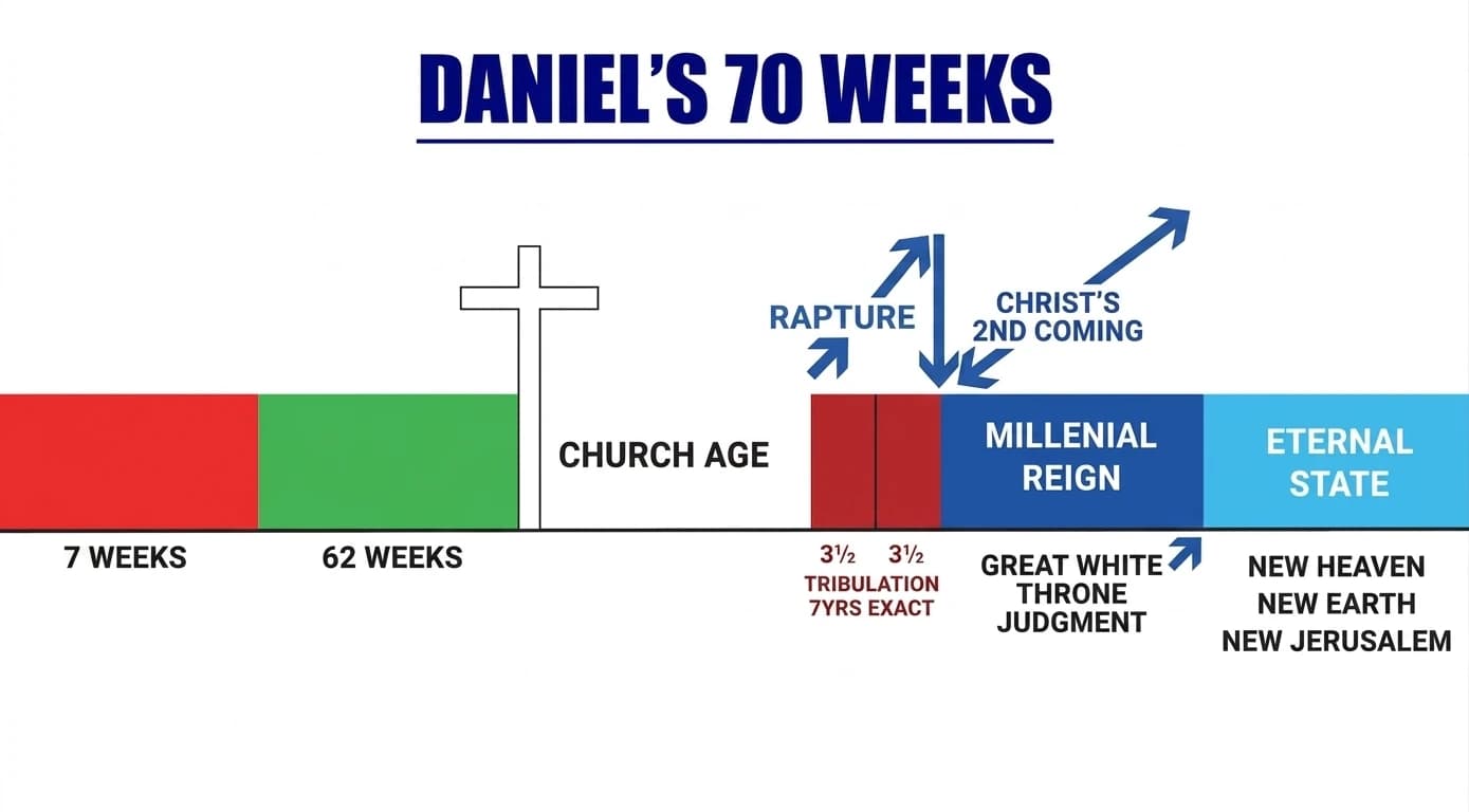 A chart of Daniel’s seventy weeks: a bar divided into seven weeks, sixty-two weeks, the church age marked by a cross, a seven-year tribulation in two halves, the millennial reign and the eternal state, with arrows marking the rapture and Christ’s second coming.