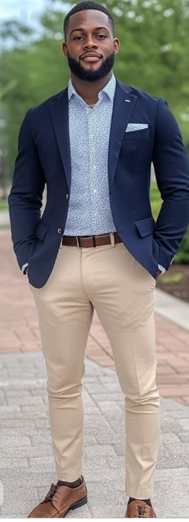 A young man standing outdoors in a navy blazer over a light patterned shirt, with a brown leather belt, khaki trousers and brown brogues.